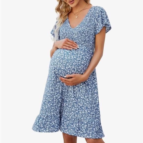Maternity Smocked Short Sleeve Summer Dress V Neck Boho Ruffle Casual Swing Midi - Picture 11 of 11